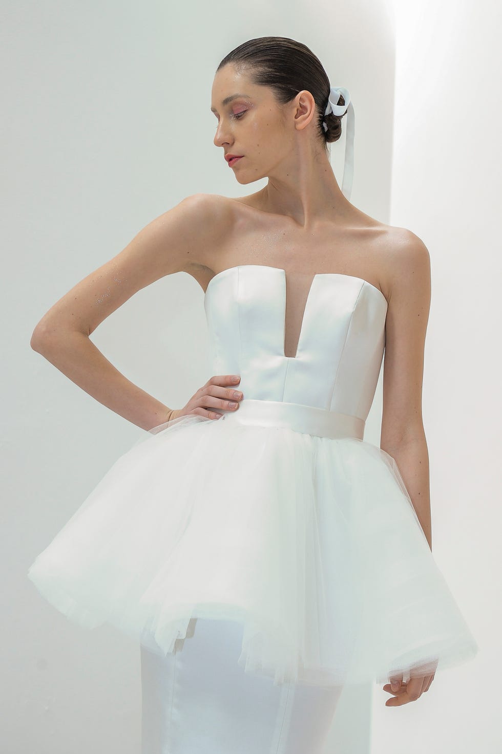 Dress, Clothing, Fashion model, Gown, Wedding dress, White, Shoulder, Strapless dress, Bridal party dress, Bridal clothing, 