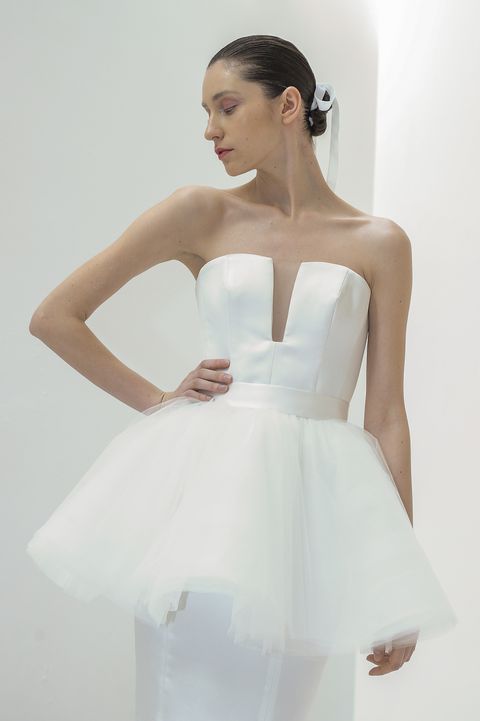 Dress, Clothing, Fashion model, Gown, Wedding dress, White, Shoulder, Strapless dress, Bridal party dress, Bridal clothing, 
