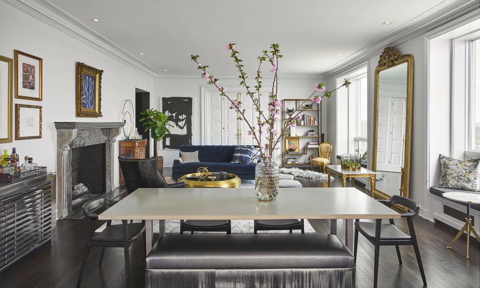 Blue Damask French Chairs with Oval Mirror and Brass Coffee Table - French  - Living Room