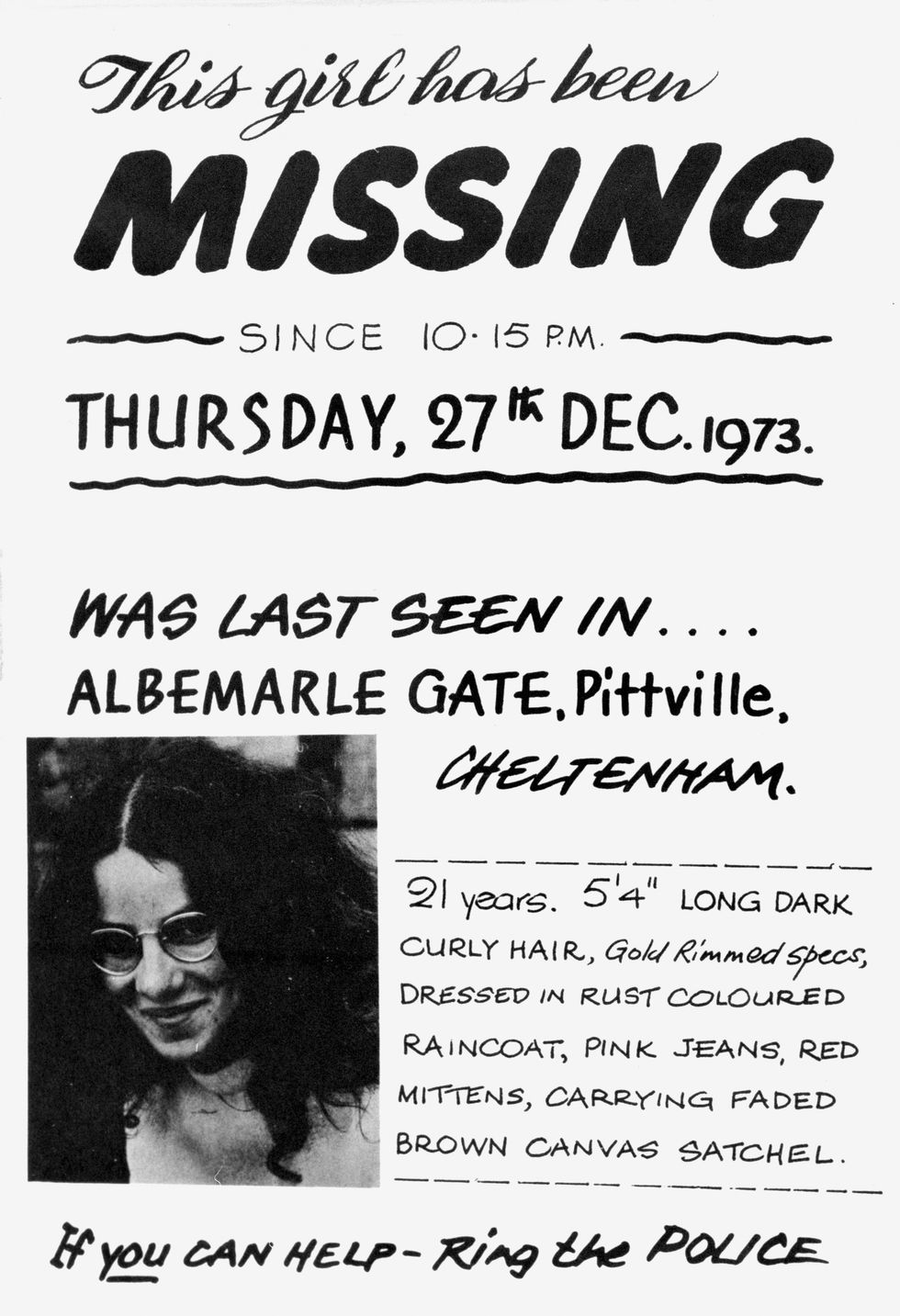 missing poster for a young woman with a photo of her smiling and lots of writing describing her appearance and last known location