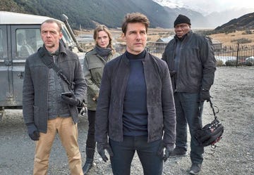 simon peg, rebecca ferguson, tom cruise and ving rhames in a scene from the mission impossible franchise
