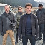 simon peg, rebecca ferguson, tom cruise and ving rhames in a scene from the mission impossible franchise