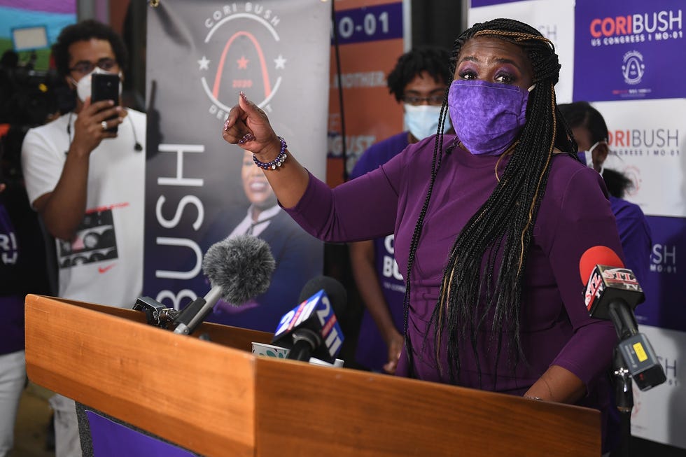 cori bush gives her victory speech at her campaign office on august 4, 2020 in st louis, missouri