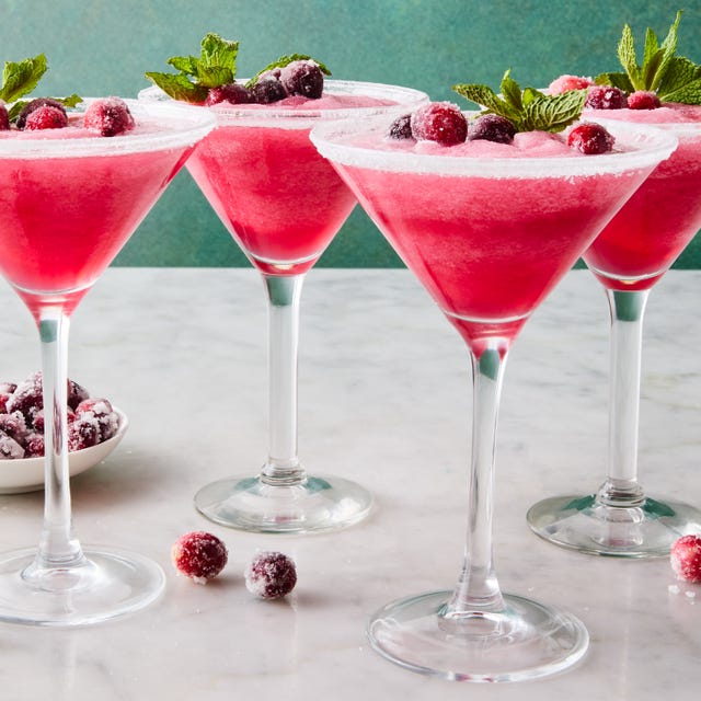 pink slushy margaritas with sugared cranberries