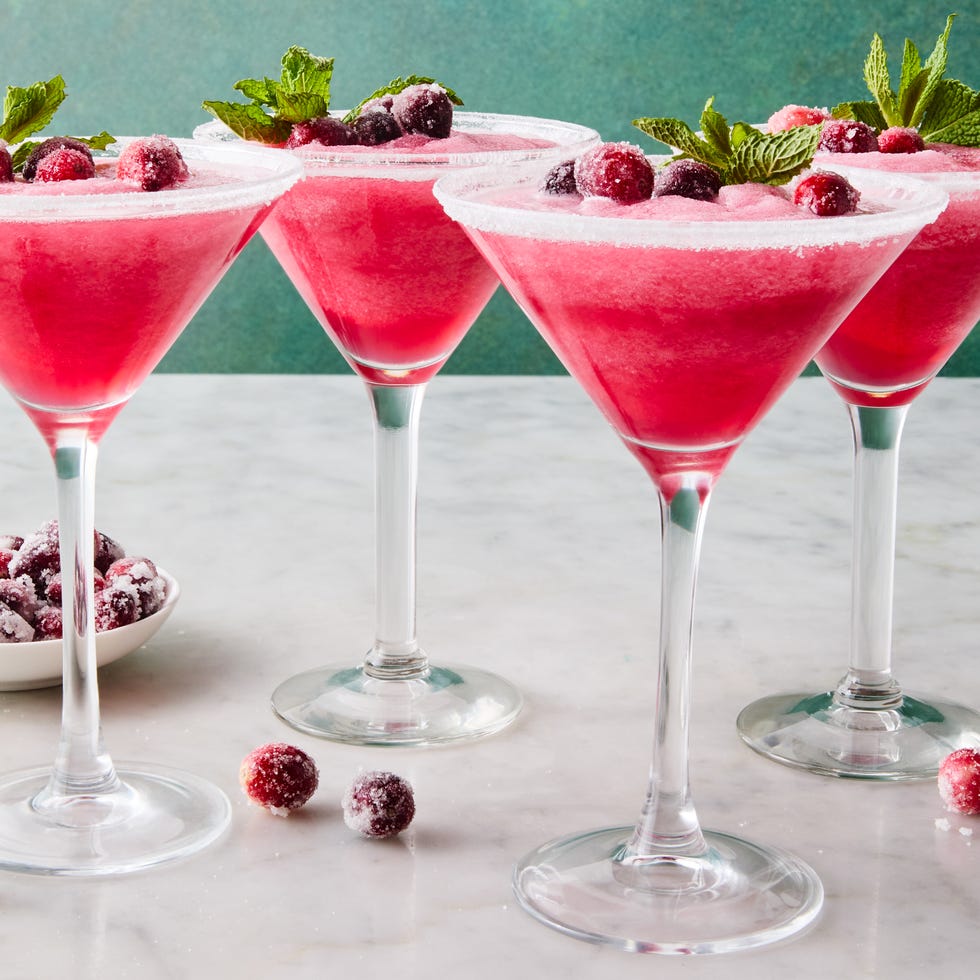 pink slushy margaritas with sugared cranberries
