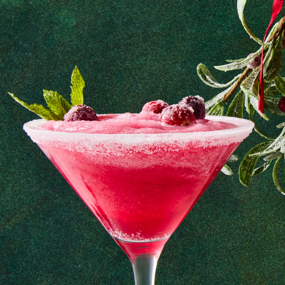 pink slushy margaritas with sugared cranberries