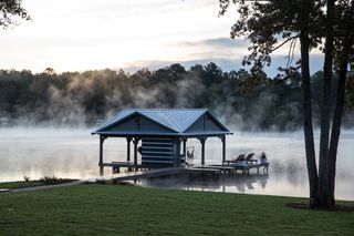 Atmospheric phenomenon, Water, Natural landscape, Morning, House, Home, Tree, Mist, River, Lake, 