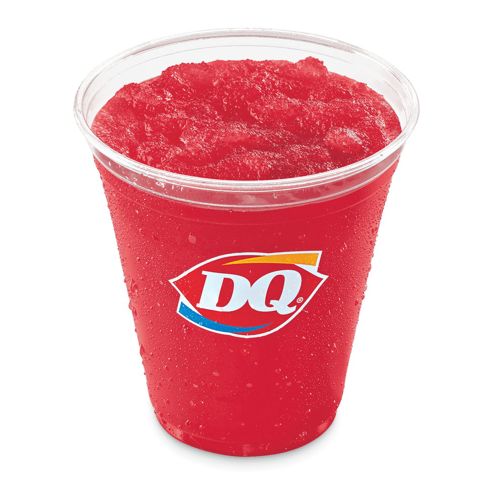 chilled red beverage in a clear cup with a logo