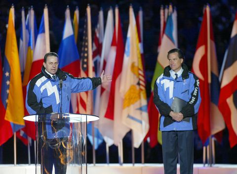Mitt Romney: Thanks to Romney, the 2002 Salt Lake City Olympic Games were a success. IOC President Jacques Rogge congratulates him at the closing ceremony.