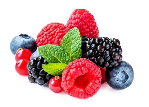 mix berries with leaf various fresh  berries isolated on white background  raspberry, blueberry,  cranberry, blackberry and mint leaves