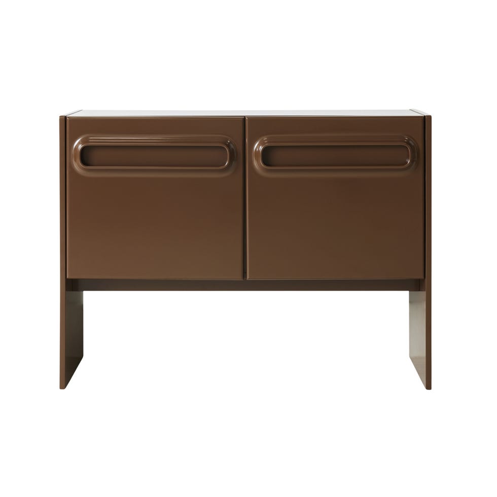 twodoor storage cabinet with a glossy brown finish and distinctive handle design