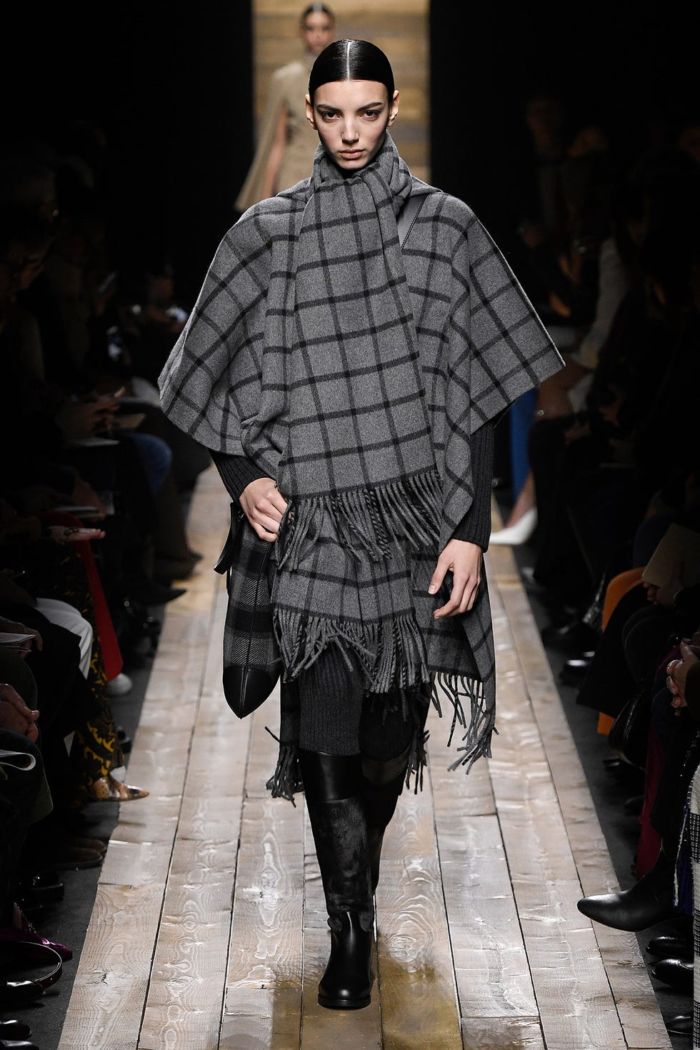 Fashion model, Fashion, Runway, Fashion show, Clothing, Pattern, Tartan, Outerwear, Human, Design, 