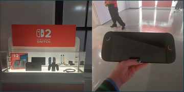 the nintendo switch 2 bundle and accessories on one side, and a hand holding a nintendo switch 2 in the other