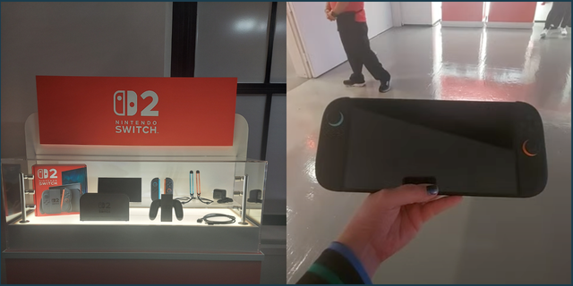 the nintendo switch 2 bundle and accessories on one side, and a hand holding a nintendo switch 2 in the other