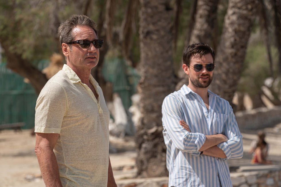 (l r): jamie tanner played by david duchovny and adam played by jack whitehall