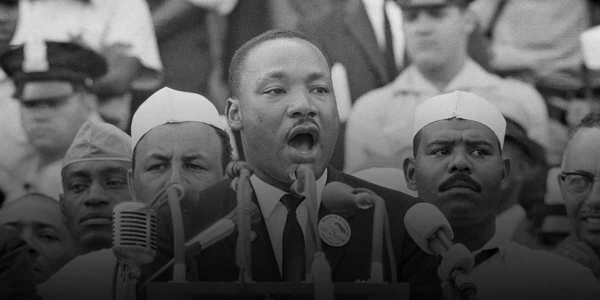 Dr. Martin Luther King Jr. delivers his famous "I Have a Dream" speech in front of the Lincoln Memorial during the Freedom March on Washington in 1963