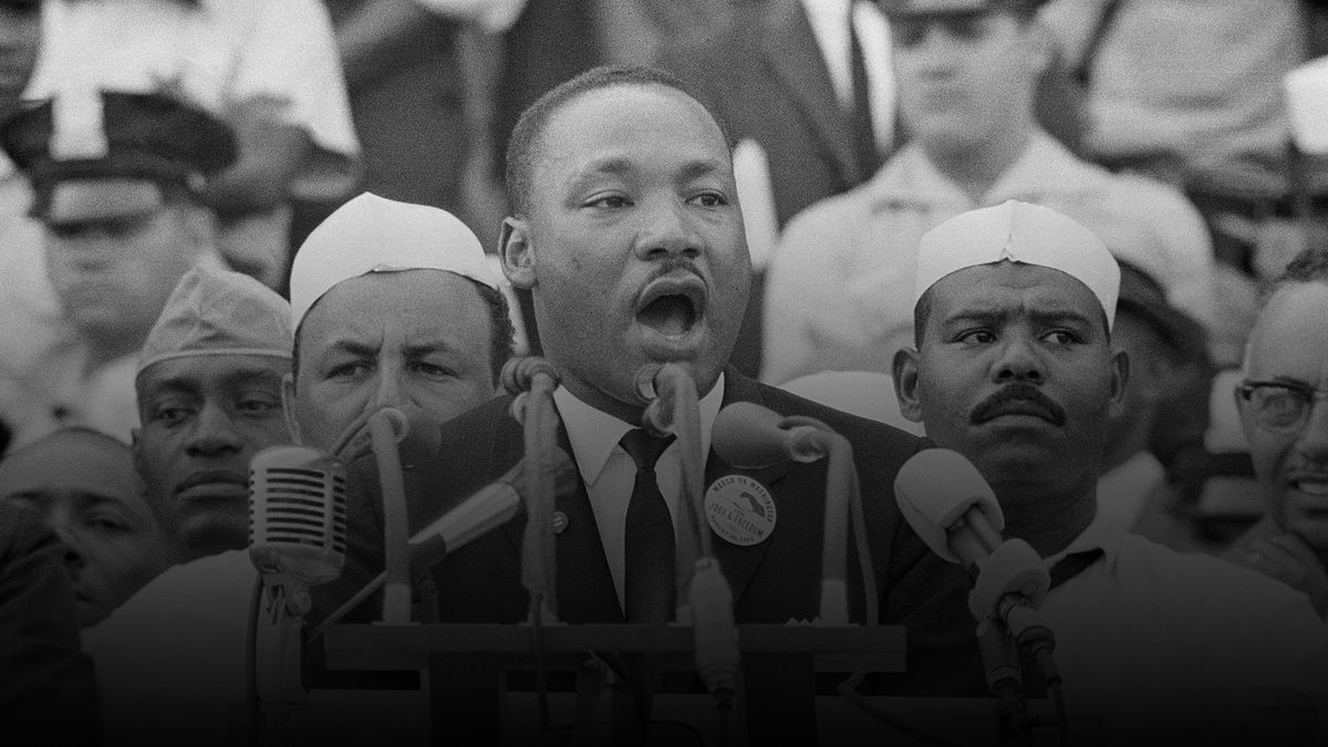 Dr. Martin Luther King Jr. delivers his famous "I Have a Dream" speech in front of the Lincoln Memorial during the Freedom March on Washington in 1963