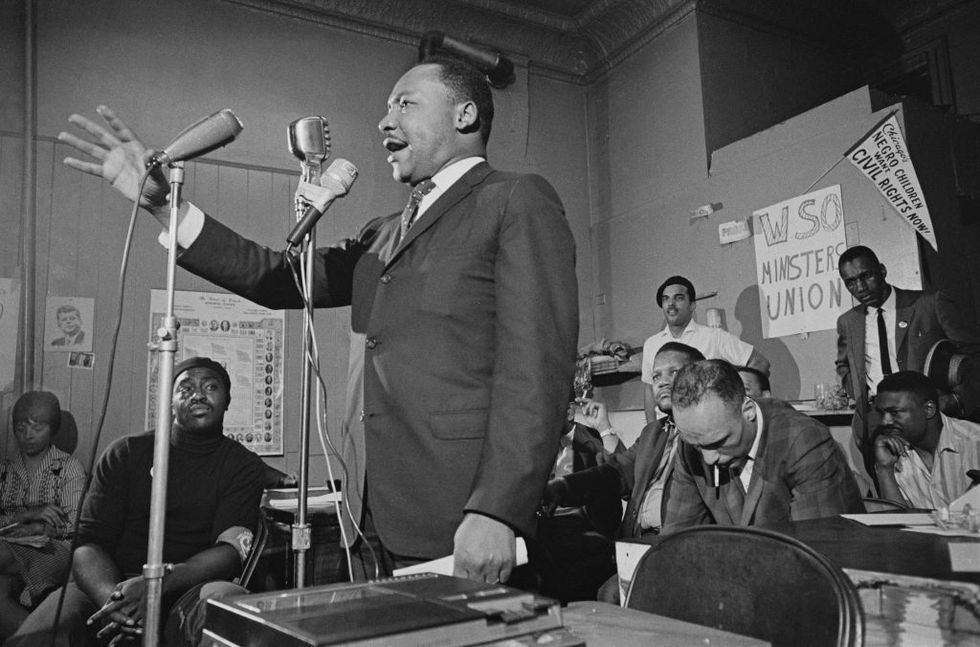 american civil rights activist martin luther king jr 1929   1968 addresses a meeting in chicago, illinois, 27th may 1966   photo by jeff kamenmichael ochs archivesgetty images