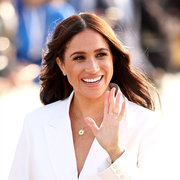 meghan markle smiling and waving and a close up photo of a gold bracelet