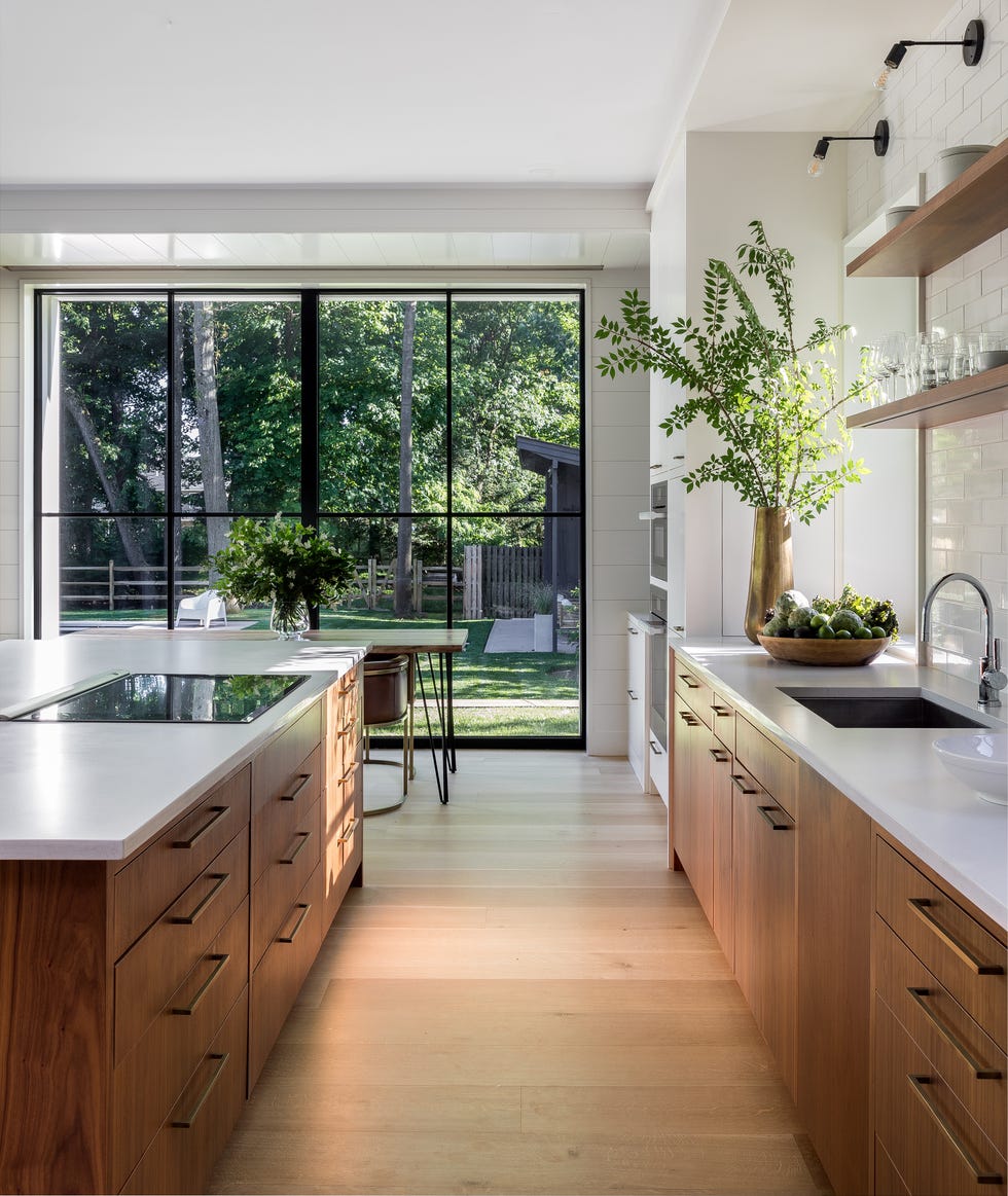 a kitchen with a large window