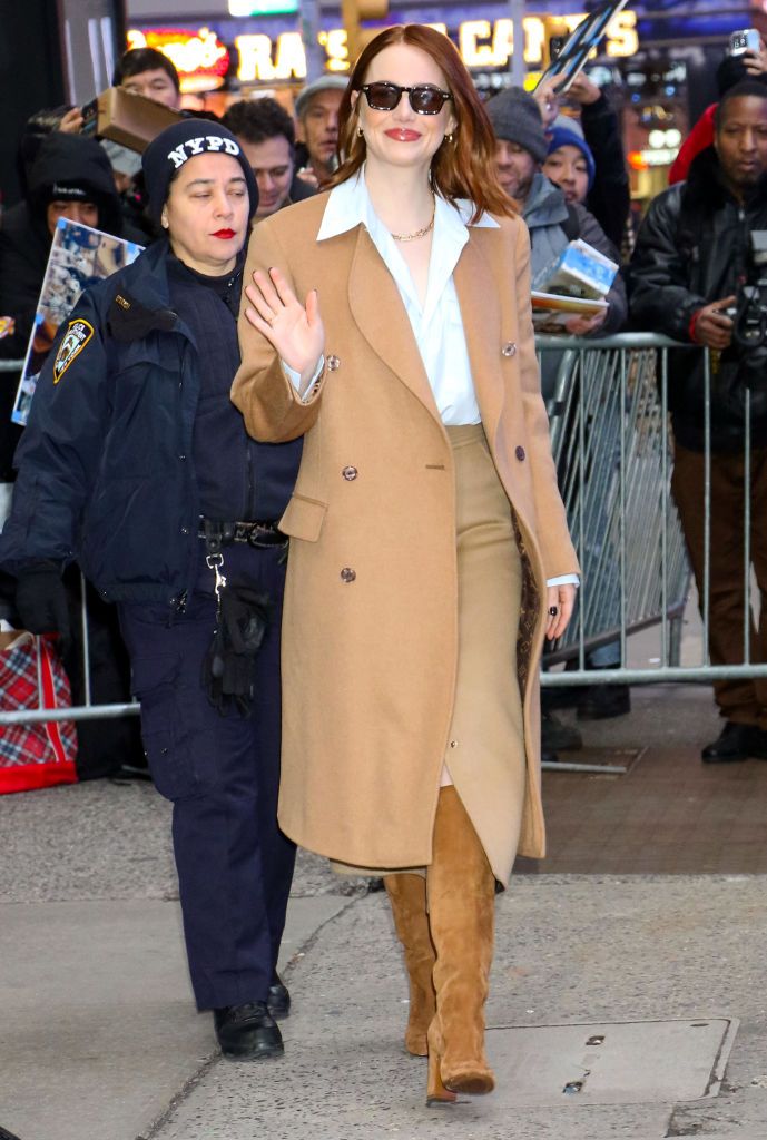 new york, ny january 30 emma stone is seen arriving at good morning america on january 30, 2024 in new york city photo by mediapunchbauer griffingc images