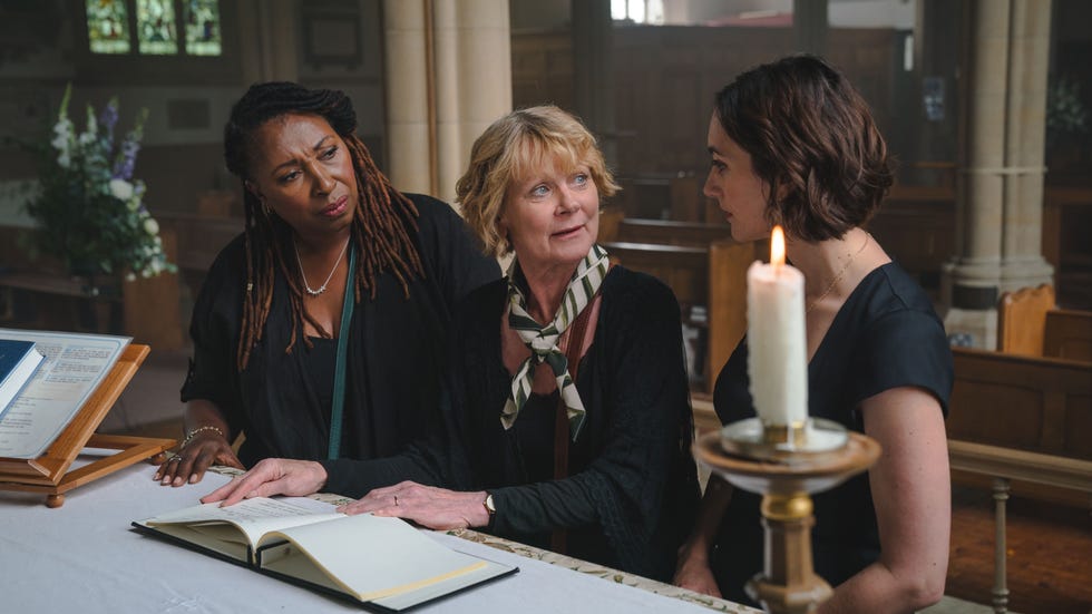the marlow murder club episode 01picture shows: (l r) jo martin as suzie harris, samantha bond as judith potts and cara horgan as becks starling