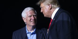 cullman, alabama   august 21 former us president donald trump r welcomes candidate for us senate and us rep mo brooks r al to the stage during a "save america" rally at york family farms on august 21, 2021 in cullman, alabama with the number of coronavirus cases rising rapidly and no more icu beds available in alabama, the host city of cullman declared a covid 19 related state of emergency two days before the trump rally according to the alabama department of public health, 675 of the state's population has not been fully vaccinated photo by chip somodevillagetty images