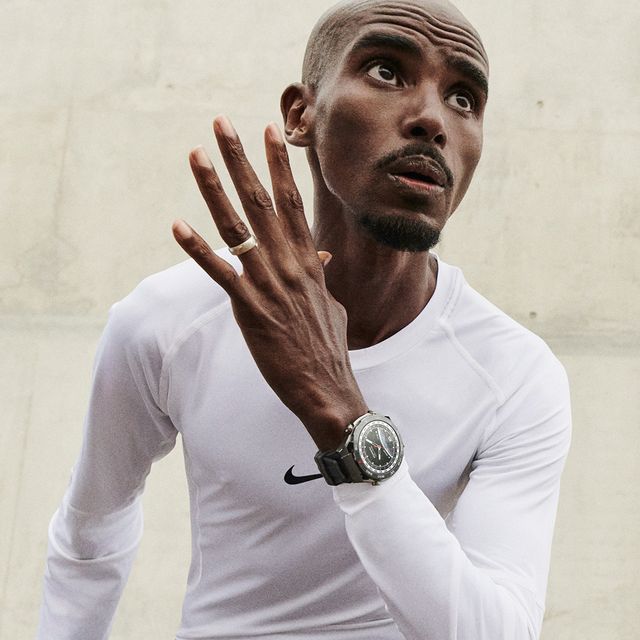 mo farah wearing a white sports top in a running pose, he wears a huawei watch