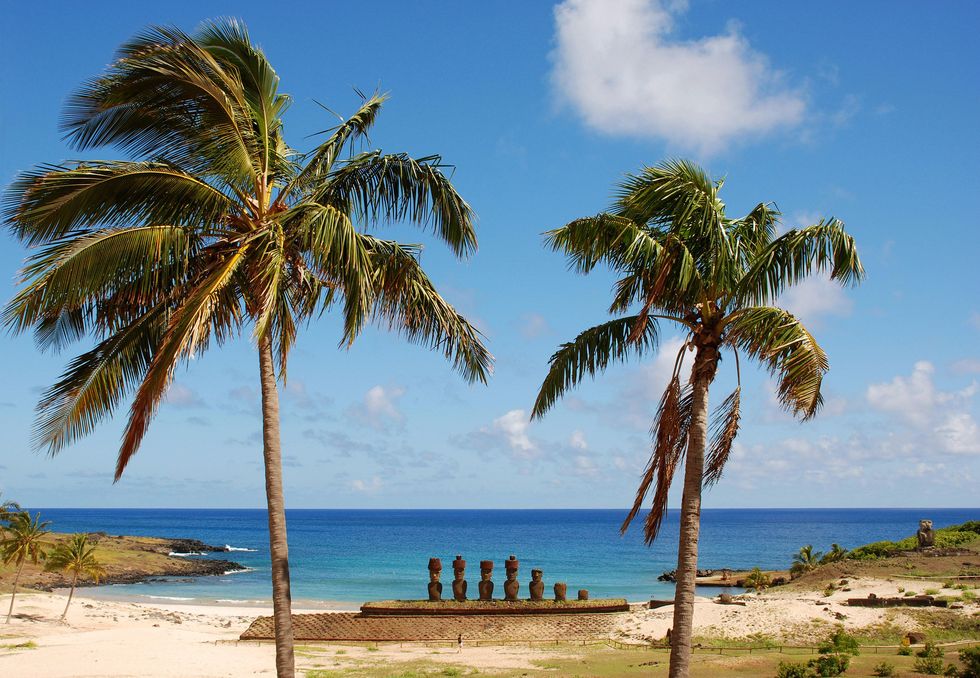 Het strand van Anakena is een van de weinige op het eiland die alleen uit wit zand bestaan Het is een klassiek Polynesisch paradijs dat zowel de plaatselijke bevolking als toeristen aanlokt