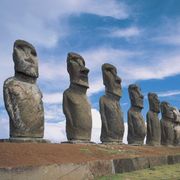 moai statues in a row, ahu tongariki, easter island, chile