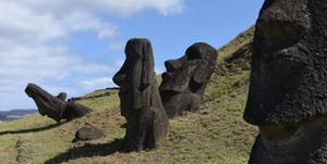 Moais seen on the outer slopes of Rano Raraku volcanic...