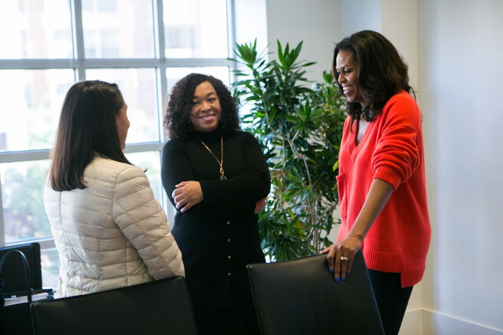 Former First Lady Michelle Obama talks to Shonda Rhimes