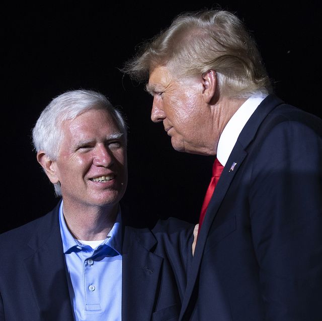 cullman, alabama   august 21 former us president donald trump r welcomes candidate for us senate and us rep mo brooks r al to the stage during a "save america" rally at york family farms on august 21, 2021 in cullman, alabama with the number of coronavirus cases rising rapidly and no more icu beds available in alabama, the host city of cullman declared a covid 19 related state of emergency two days before the trump rally according to the alabama department of public health, 675 of the state's population has not been fully vaccinated photo by chip somodevillagetty images