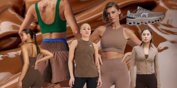 display of various athletic outfits and a shoe against a chocolatethemed background