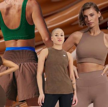 display of various athletic outfits and a shoe against a chocolatethemed background display of various athletic outfits and a shoe against a chocolatethemed background