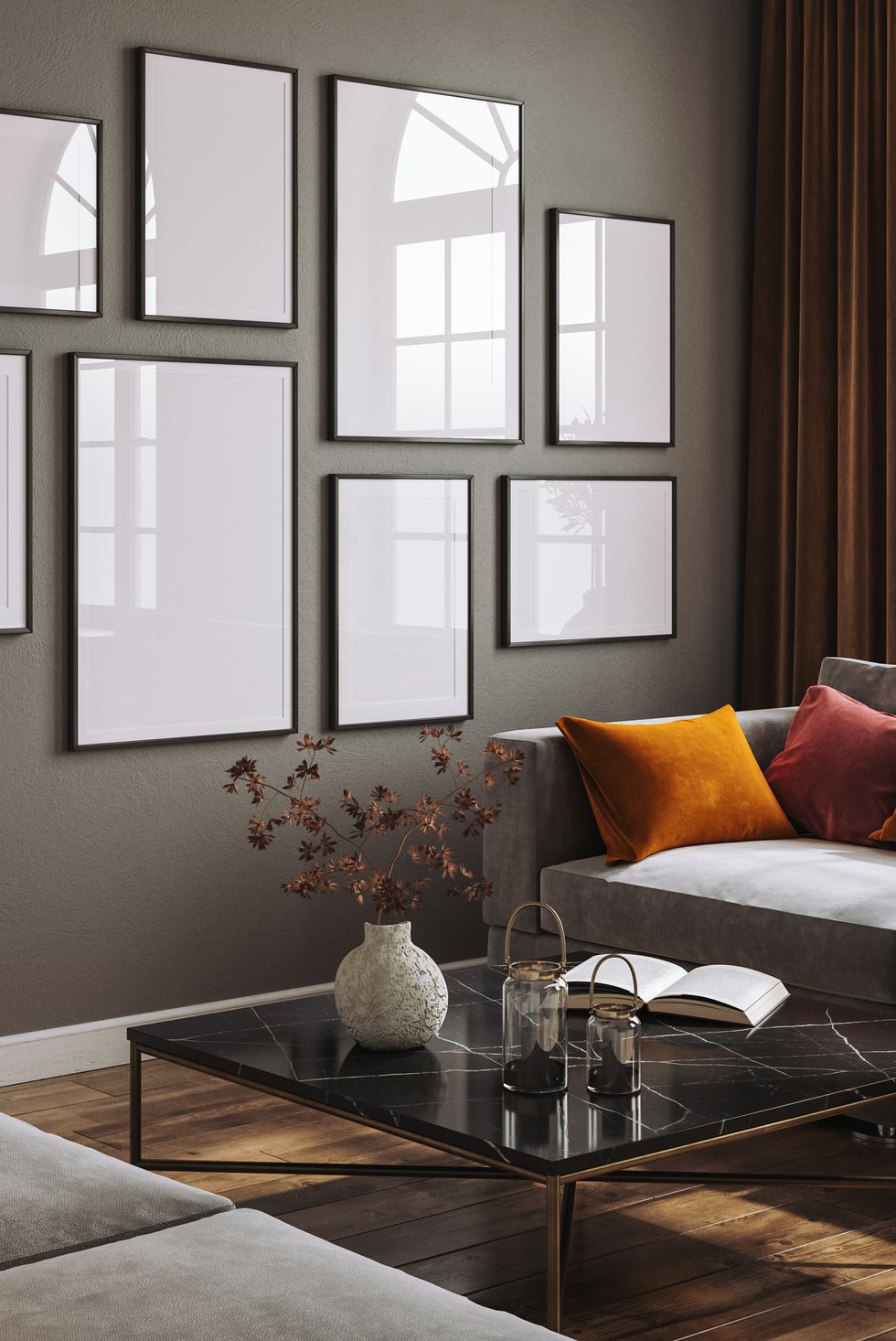 mock up frame in dark cozy interior