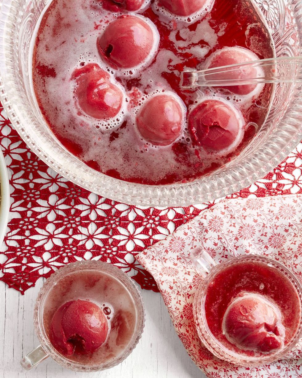 holiday punch red sherbet scoops overhead on red lace