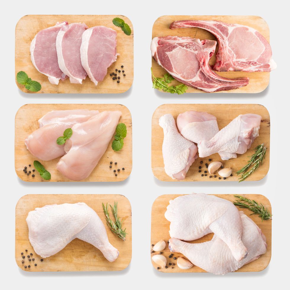 Mockup raw chicken and pork on cutting board set. isolated