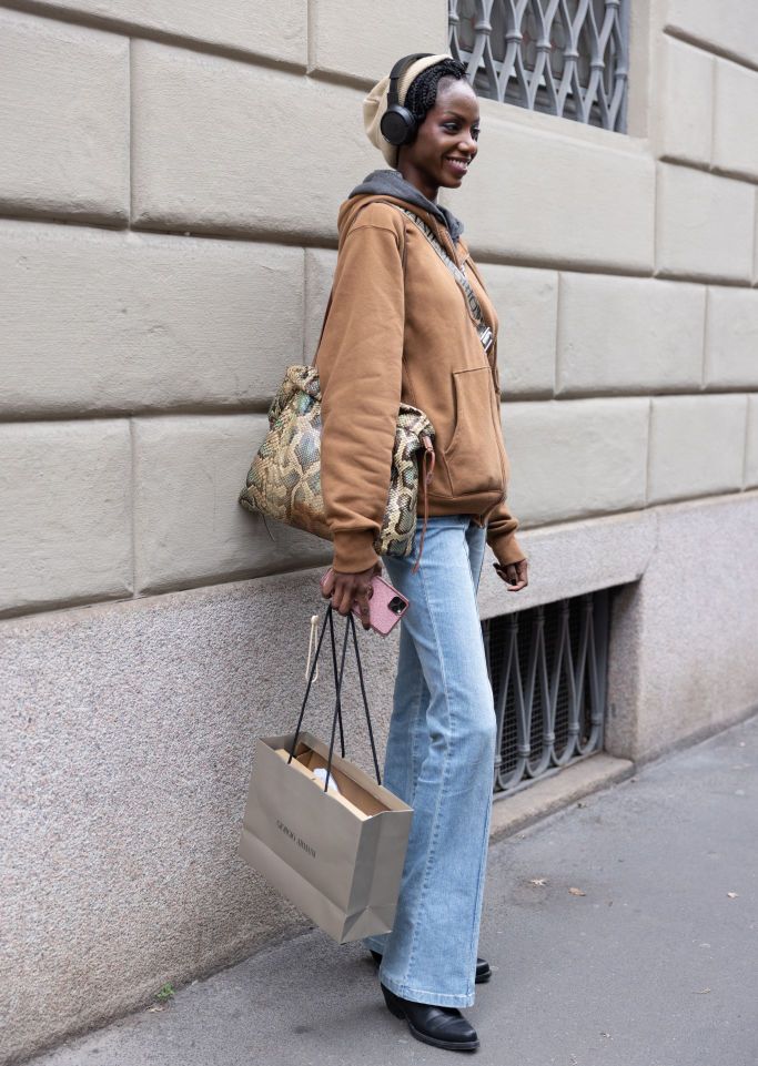 Louis Vuitton Fashion bag, scarf, brown jumper, jeans. Fall autumn