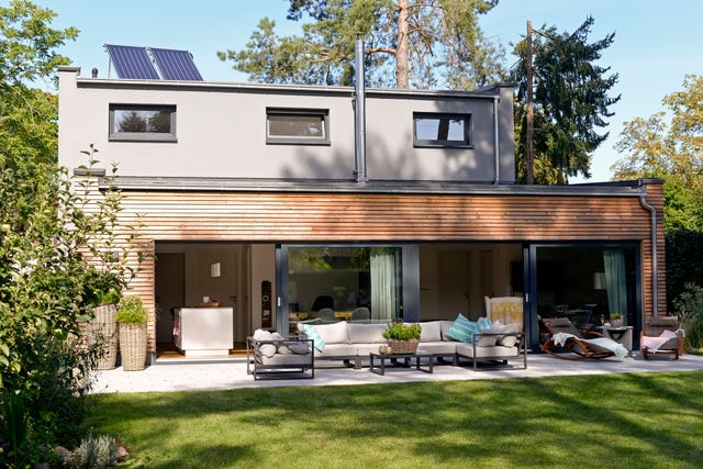 home energy tax credits 2024, modern detached house with terrace and garden