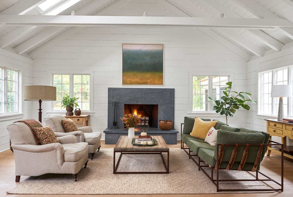 white farmhouse living room with modern upholstery