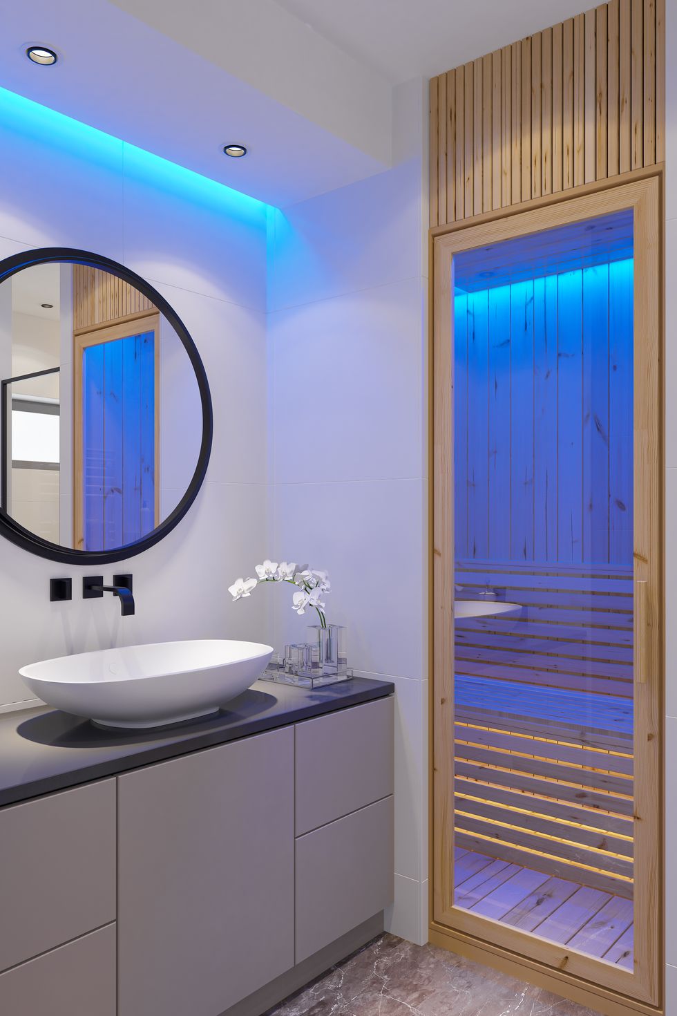 modern home spa bathroom with finnish pine sauna and blue accent lighting