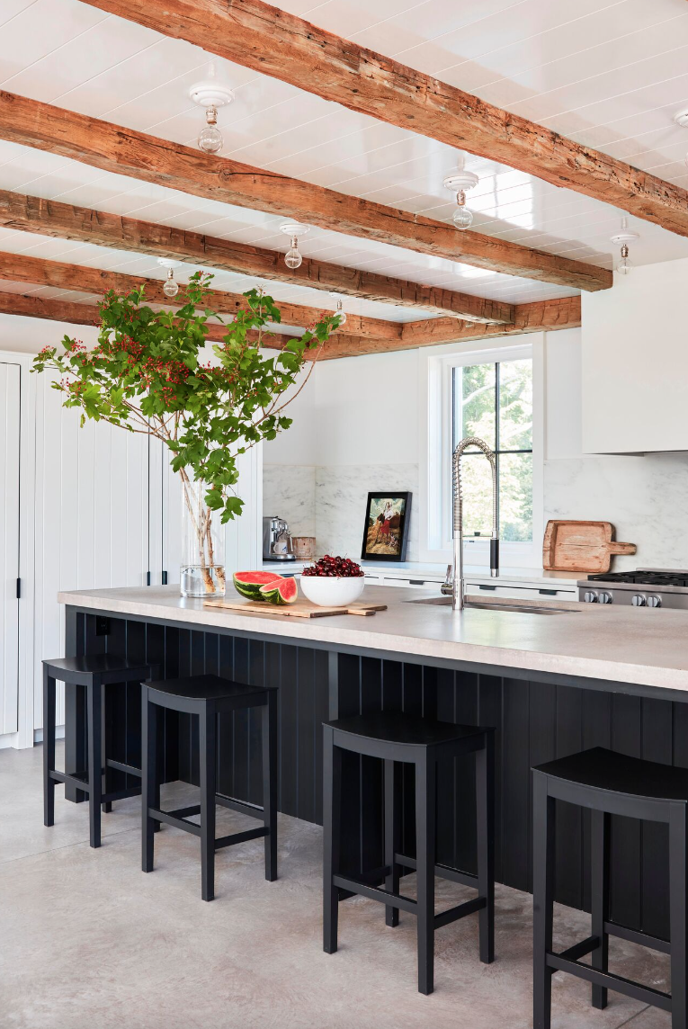 modern kitchen with rustic beams
