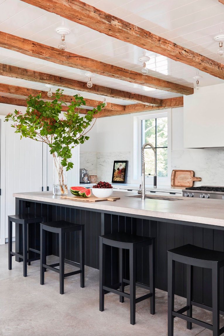 modern kitchen with rustic beams