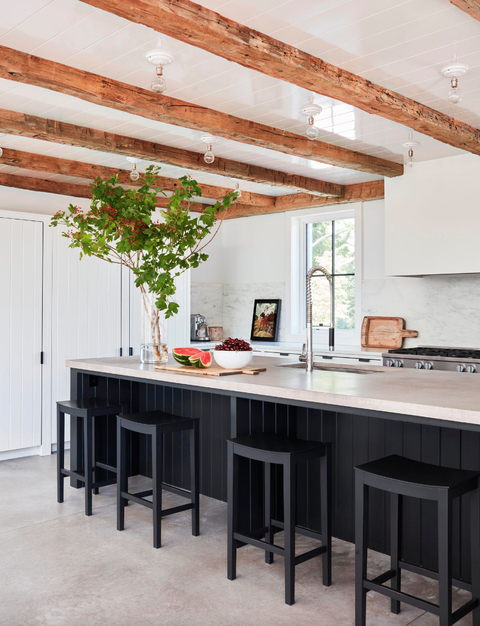 modern kitchen with rustic beams