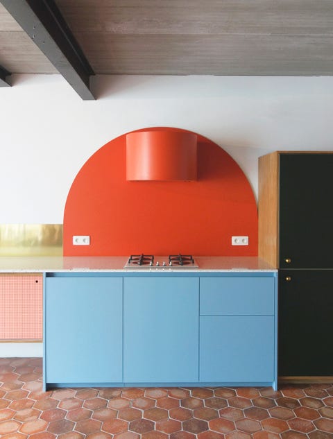 Orange, Room, Property, Furniture, Cabinetry, Interior design, Kitchen, Architecture, Countertop, Wall,