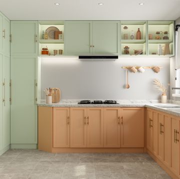 modern kitchen interior with pastel colored cabinets