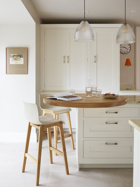modern kitchen design, harvey jones shaker kitchen with round table on end of kitchen island