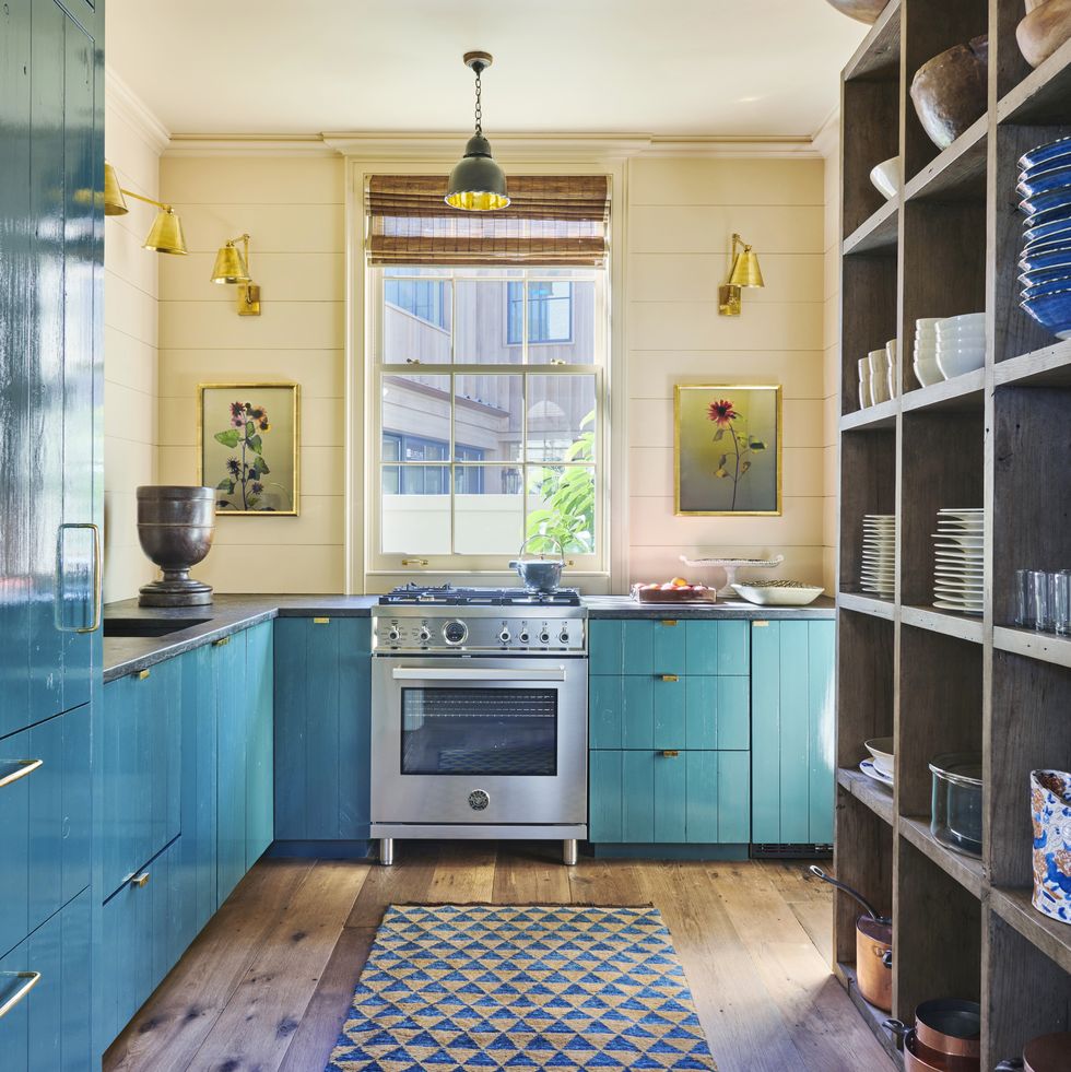 small modern kitchen aqua cabinets by designer suzanne rheinstein and architect gil schafer california