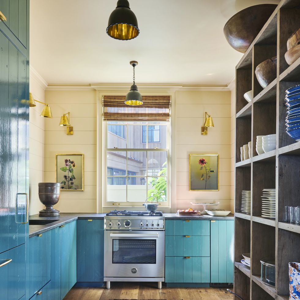 small modern kitchen aqua cabinets by designer suzanne rheinstein and architect gil schafer california
